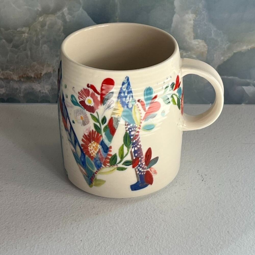 Anthropologie Mug Floral Monogram M Initial Coffee 4" Starla Halfmann